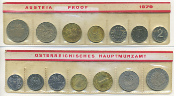 Австрия набор из 7 монет  1979  2, 5, 10, 50 грошей, 1, 5, 10 шиллингов, в целлофане KM PS 39 PROOF 4400-6-2