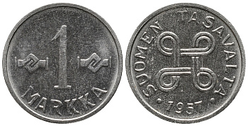 ФИНЛЯНДИЯ 1 МАРКА 1957 KM 36а железо плакированное никелем 99-1036