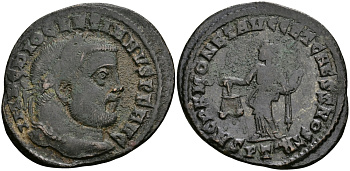 Римская Империя нуммий 300 - 303 Диоклетиан SACRA MONET AVGG ET CAESS NOSTR Монета, держащая весы Тицин Good Very fine (степень редкости С2) RIC 45а бронза 270-921