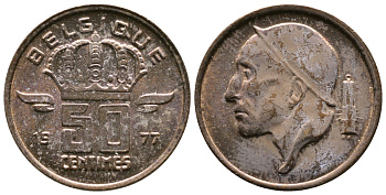 БЕЛЬГИЯ 50 САНТИМОВ 1977 BELGIQUE, БОДУЭН I (1951-1993) KM 148.1 бронза 4383-1156