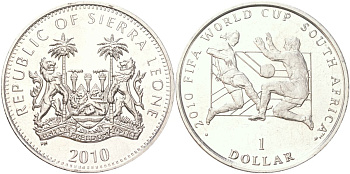 Сьерра-Леоне 1 доллар 2010 Чемпионат мира по футболу 2010, ЮАР медно-никель BU 4368-1223