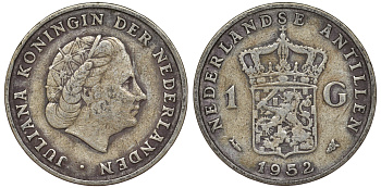 Нидерландские Антилы 1 гульден 1952 Юлиана (1948-1980) KM 2 серебро 36-926