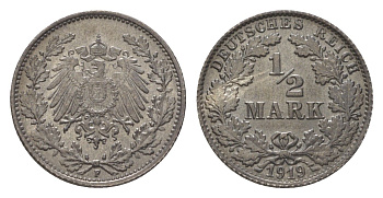 Германия 1/2 марки 1919 F KM 17, J. 16 серебро UNC 3896-812