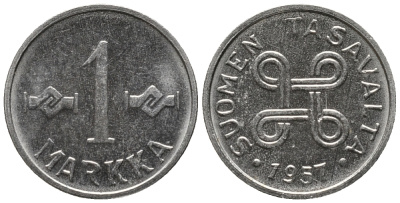 ФИНЛЯНДИЯ 1 МАРКА 1957 KM 36а железо плакированное никелем 99-1036