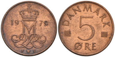 ДАНИЯ 5 ЭРЕ 1979 B; B, МАРГРЕТЕ II (1972-) KM 859.2 железо плакированное медью UNC 4564-1166