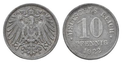 Германия 10 пфеннигов 1922 KM 26, J. 299 цинк 4636-1138