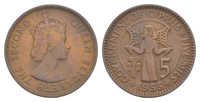 Кипр 5 милей 1955 Елизавета II (1952-2022) KM 34 бронза 4595-115