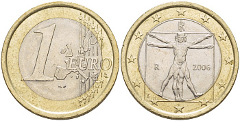 Италия 1 евро 2006 Витрувианский человек KM 216 биметалл 216-1134