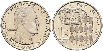 Монако 1 франк 1989 Ренье III (1949-2005) KM 140 никель 190-544