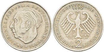 ФРГ 2 марки 1972 J, Теодор Хойс KM 127, J. 407 медно-никель плакированный никелем 58-232