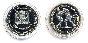 Танзания 2000 шиллингов 1996 XXVI Олимпийские игры 1996 года в Атланте, 100 лет Олимпийскому движению, боксеры, пробник, гладкий гурт медно-никель PROOF 06-157-23
