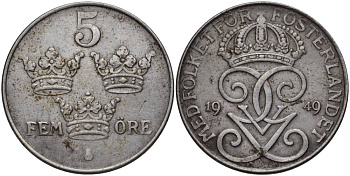 Швеция 5 эре 1949 Густав V (1907-1950) KM 812 железо 27-544