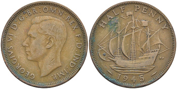 Великобритания 1/2 пенни 1945 Георг VI (1936-1952) KM 844, Spink 4115 бронза 3459-214