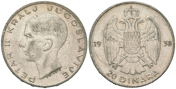 Югославия 20 динаров 1938 Петр II (1934-1945) KM 23 серебро 4182-336