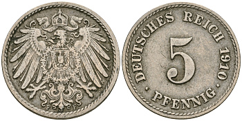 Германия 5 пфеннигов 1910 F KM 11, Jager 12, Weege 6 медно-никель 4608-931