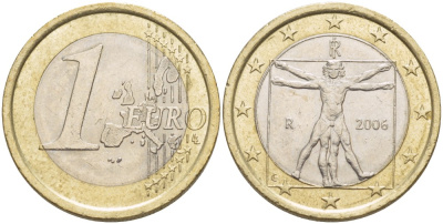 Италия 1 евро 2006 Витрувианский человек KM 216 биметалл 216-1134