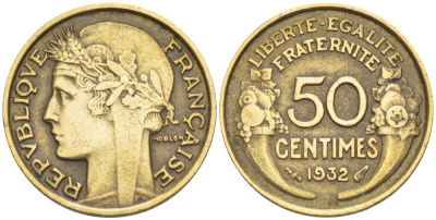 ФРАНЦИЯ 50 САНТИМОВ 1932 ТИП MORLON, OPEN 9, БЕЗ ЯГОДЫ KM 849.1, LE FRANC 192.8 алюминиевая бронза 4549-248
