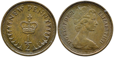 Великобритания 1/2 пенни 1971 Елизавета II (1952-2022) KM 914, Spink 4239 бронза 4392-466