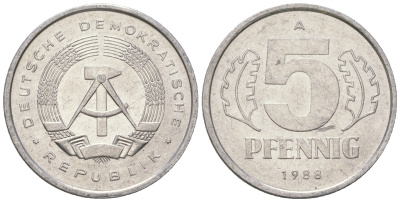 ГДР 5 пфеннигов 1988 A КМ 9.2 алюминий 3458-1261