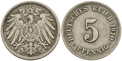 Германия 5 пфеннигов 1910 F KM 11, Jager 12, Weege 6 медно-никель 4608-931