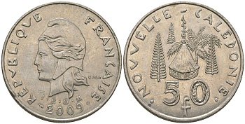 Французская Новая Каледония 50 франков 2009 хижина среди сосен и пальм, (IEOM) KM 13a, Schoen 15a, Lec 128i медно-никель 114-513