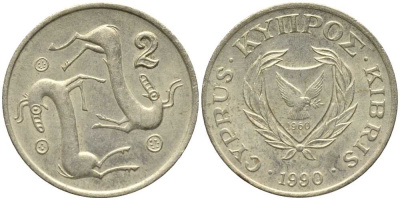 КИПР 2 ЦЕНТА 1990 КОЗЛЫ KM 54.2 никель латунь 112-762