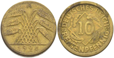 ГЕРМАНИЯ 10 РЕНТЕНПФЕННИГОВ 1924 A KM 33, J.309, Weege 8 алюминиевая бронза 202-236