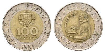 Португалия 100 эскудо 1991 Педру Нуниш (1502-1578), математик KM 645.1 биметалл 4681-352