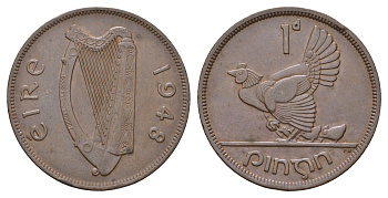 Ирландия 1 пенни 1948 курица с цыплятами KM 11 бронза 4672-815