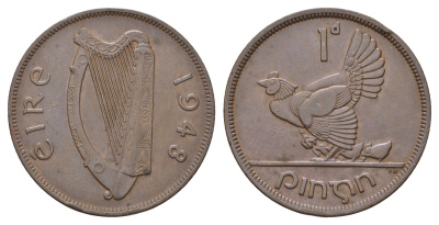 Ирландия 1 пенни 1948 курица с цыплятами KM 11 бронза 4672-815