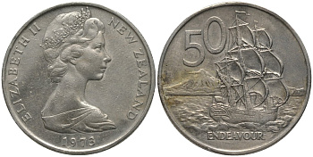 Новая Зеландия 50 центов 1973 Елизавета II (1952-2022), парусник Индевор KM 37 медно-никель 4558-1235