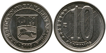 Венесуэла 10 сентимо 2009 KM 89, Schon 102 сталь плакированная никелем 4576-836