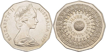 АВСТРАЛИЯ 50 ЦЕНТОВ 1977 СЕРЕБРЯННЫЙ ЮБИЛЕЙ, 25 ЛЕТ ПРАВЛЕНИЯ, ЕЛИЗАВЕТА II (1953-) МОЛОДОЙ ПОРТРЕТ KM 70 медно-никель 4184-1035