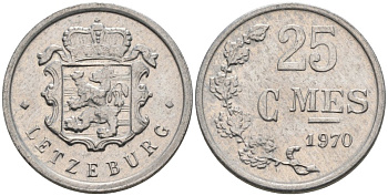 Люксембург 25 сантимов 1970 Герцог Жан (1964-1999) KM 45a.1 алюминий 4564-915