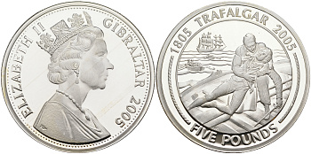 Гибралтар 5 фунтов 2005 Трафальгарское сражение, спасение на шлюпках серебро PROOF 1095-1-61
