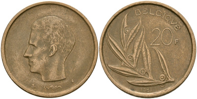 Бельгия 20 франков 1981 Belgique, Бодуэн I (1951-1993) KM 159 никель бронза 4120-1121
