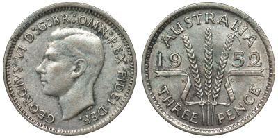 Австралия 3 пенса 1952 m, Георг VI (1937-1952), без букв KM 44 серебро 71-362