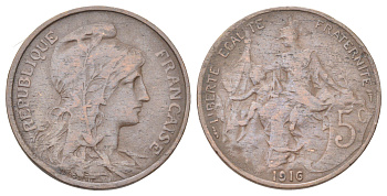 Франция 5 сантимов 1916 KM 842, Le Franc 119.28 бронза 4707-1035