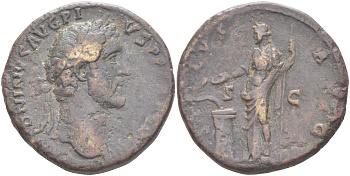 Римская Империя сестерций 140 - 144 Антонин Пий, бюст императора, ANTONINVS AVG PIVS P P TR P COS III / Салюта, богиня Здоровья, SALVS AVG S C, Рим RIC 635 бронза 1073-23-11