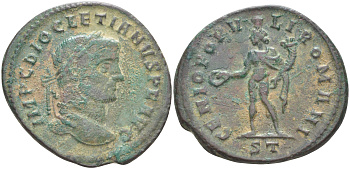 Римская Империя нуммий 295 - 296 Диоклетиан, бюст императора, IMP C DIOCLETIANVS P F AVG / Гений Римского народа, GENIO POPVLI ROMANI, Тицин (степень редкости - R5, из немецкой коллекции 1-й половины XX века) RIC 29а биллон 1073-23-61