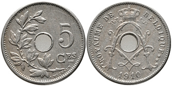 Бельгия 5 сантимов 1910 Belgique, Альберт I (1909-1934) KM 66 медно-никель 76-341