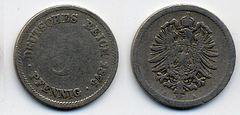 ГЕРМАНИЯ 5 ПФЕННИГОВ 1875 A, СТАРОГЕРБОВКА KM 3, J.3 медно-никель 46-216