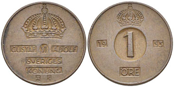 Швеция 1 эре 1953 TS, Густав VI Адольф (1950-1973) KM 820 бронза 176-624