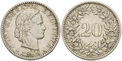 ШВЕЙЦАРИЯ 20 РАППЕНОВ 1896 В KM 29 никель 4513-241
