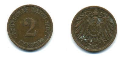 ГЕРМАНИЯ 2 ПФЕННИГА 1907 D KM 16, J. 11 медь 54-338