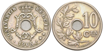 БЕЛЬГИЯ 10 САНТИМОВ 1905 BELGIE KM 53 медно-никель 106-653