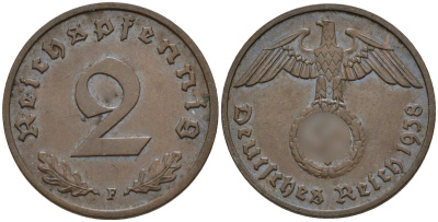 Германия 2 рейхспфеннига 1938 F KM 90, J. 362 бронза 4151-117