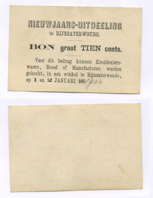 Нидерланды 10 центов 1906 на покупку товаров, бакалеи, гастрономии, хлеба, галантерии, новогодние скидки 1 и 2 января, частный выпуск   бумага  aUNC 444-21-2-1