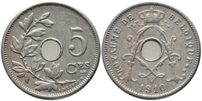 Бельгия 5 сантимов 1910 Belgique, Альберт I (1909-1934) KM 66 медно-никель 76-341