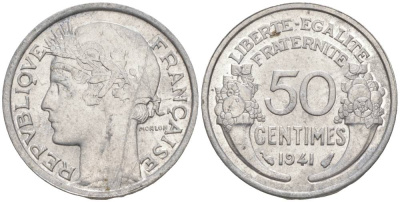 ФРАНЦИЯ 50 САНТИМОВ 1941 ТИП MORLON LOURDE KM 894.1a, LE FRANC 193.2 алюминий 44-221